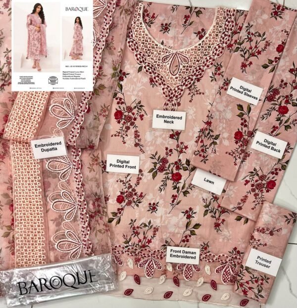 Baroque Digital Printed Lawn 3PC | Embroidered Neckline & Organza Dupatta 2025 - Image 2