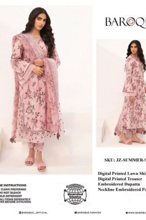 Baroque Digital Printed Lawn 3PC | Embroidered Neckline & Organza Dupatta 2025
