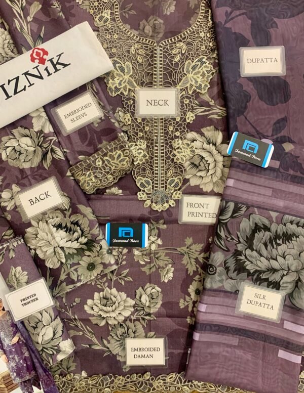IZNIK Lawn 3PC | Digital Printed Suit with Embroidered Patches & Silk Dupatta 2025 - Image 3