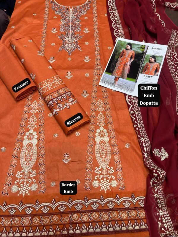 Jazmin Summer Lawn 3PC | Embroidered 90/70 Lawn with Chiffon Dupatta 2025 - Image 2