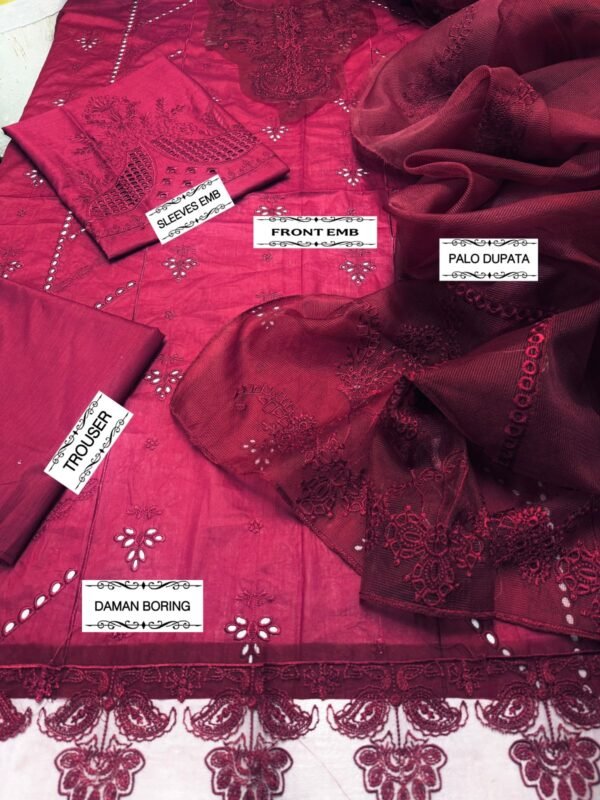 Qalamkar 3PC Chickenkari Lawn Suit | Summer Collection 2025 | Embroidered Shirt & Net Dupatta - Image 4