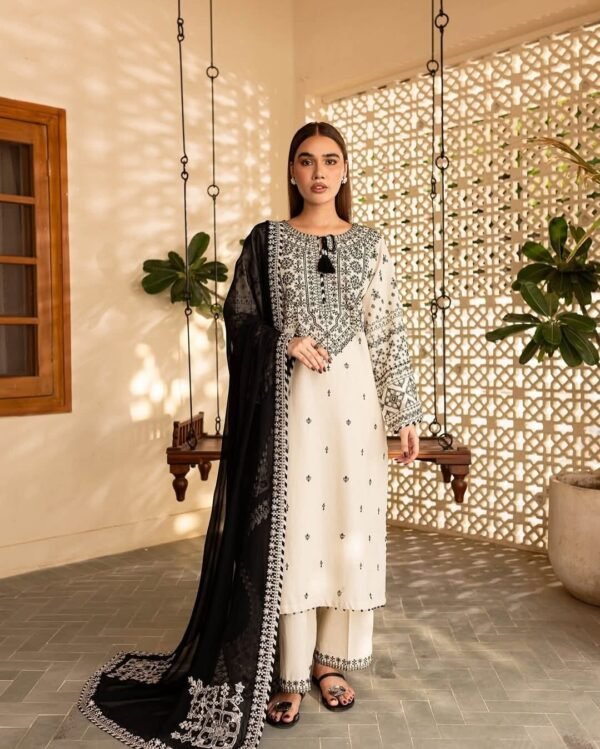 Arfa Embroidered 3PC Pure Lawn Suit | Eid Collection 2025 | Long Shirt + Emb Trouser + Dupatta