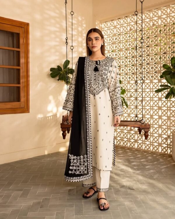 Arfa Embroidered 3PC Pure Lawn Suit | Eid Collection 2025 | Long Shirt + Emb Trouser + Dupatta - Image 6