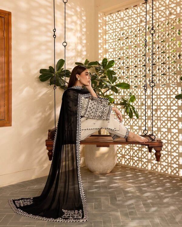 Arfa Embroidered 3PC Pure Lawn Suit | Eid Collection 2025 | Long Shirt + Emb Trouser + Dupatta - Image 2