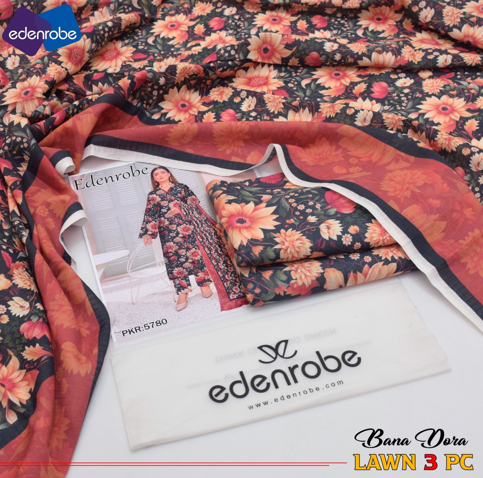 Edenrobe Bana Dora 3PC Lawn Set | 90/70 Digital Print | 2025