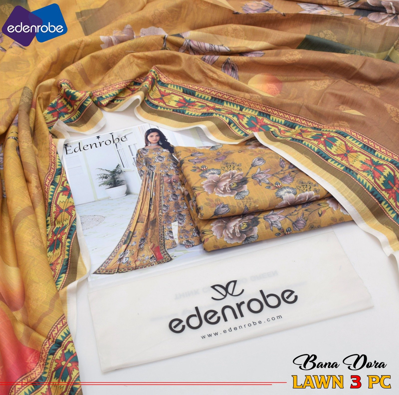 Edenrobe Bana Dora 3PC Lawn Set | 90/70 Digital Print | 2025 - Image 2